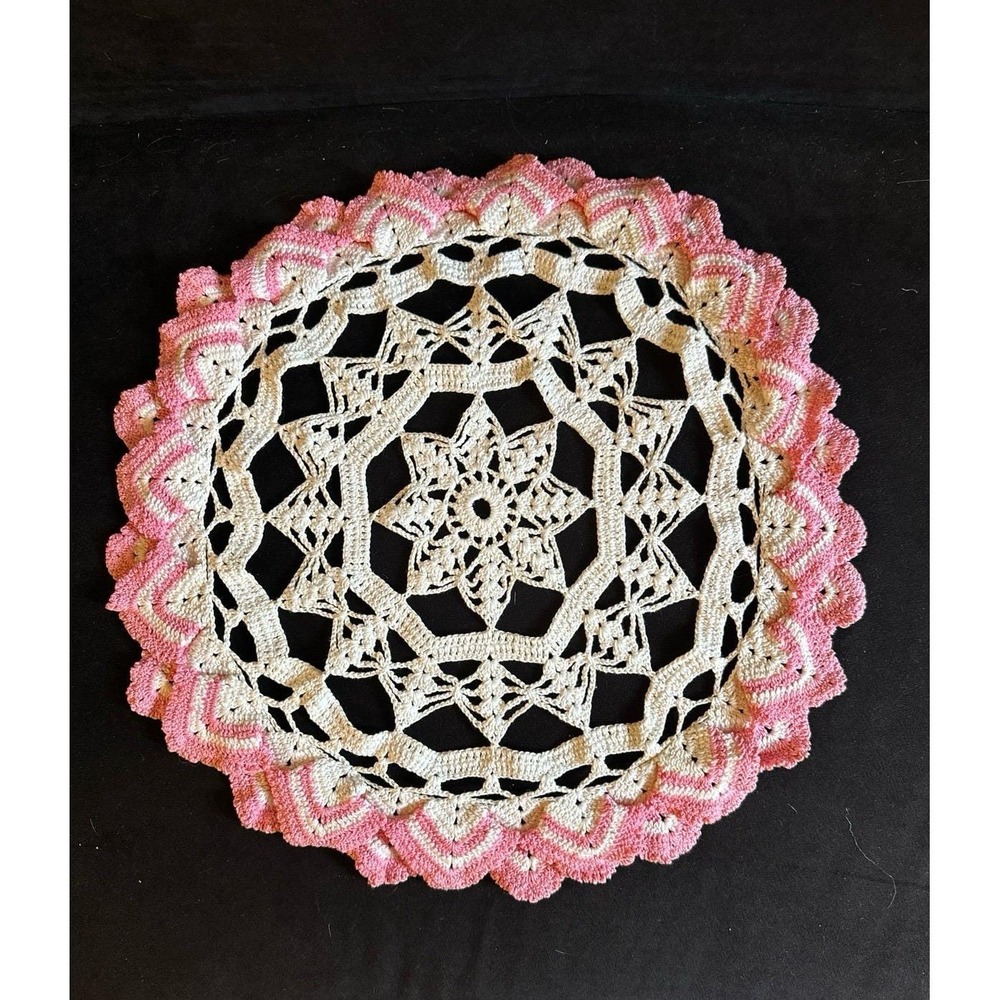 Handmade 16" Crochet Doily White Pink Starburst Vintage Home Decor Scalloped Hem